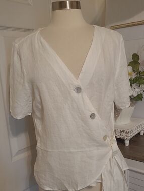 H&M White Linen Wrap Blouse with Side Tie Large NWT